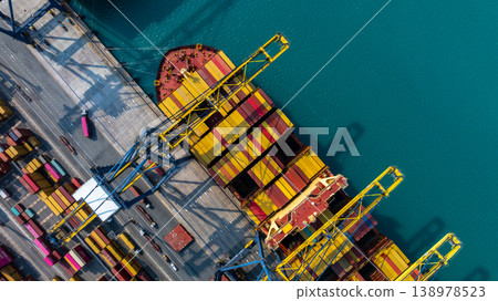 Aerial view Container cargo ship loading unloading container import export sea port, Global trade business container cargo ship freight shipping commercial trade logistic transportation international. 138978523