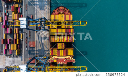 Aerial view Container cargo ship loading unloading container import export sea port, Global trade business container cargo ship freight shipping commercial trade logistic transportation international. Aerial view Container cargo ship loading unloading container import export sea port, Global trade business container cargo ship freight shipping commercial trade logistic transportation international. 138978524