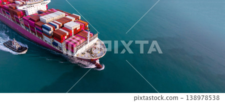 Aerial view container ship carrier container on sea, Global business logistics and Global trade transportation by container ship, Container ship freight shipping import export logistics supply chain. Aerial view container ship carrier container on sea, Global business logistics and Global trade transportation by container ship, Container ship freight shipping import export logistics supply chain. 138978538