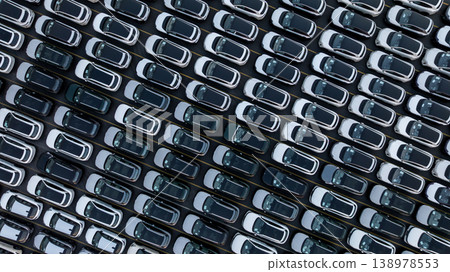 Aerial view car for sale stock lot row, Cars dealership inventory distribution automobile and automotive business, New cars parking for sale automobile automotive industry business. Aerial view car for sale stock lot row, Cars dealership inventory distribution automobile and automotive business, New cars parking for sale automobile automotive industry business. 138978553