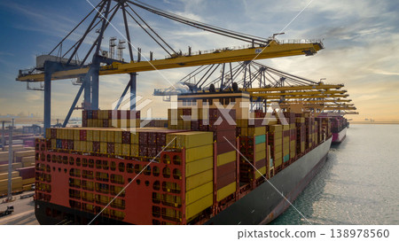 Aerial view Container cargo ship loading unloading container import export sea port, Global trade business container cargo ship freight shipping commercial trade logistic transportation international. 138978560