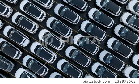 Aerial view car for sale stock lot row, Cars dealership inventory distribution automobile and automotive business, New cars parking for sale automobile automotive industry business. 138978562