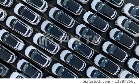 Aerial view car for sale stock lot row, Cars dealership inventory distribution automobile and automotive business, New cars parking for sale automobile automotive industry business. Aerial view car for sale stock lot row, Cars dealership inventory distribution automobile and automotive business, New cars parking for sale automobile automotive industry business. 138978563