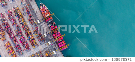 Aerial view Container cargo ship loading unloading container import export sea port, Global trade business container cargo ship freight shipping commercial trade logistic transportation international. 138978571