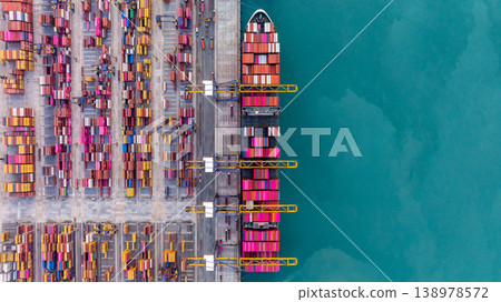 Aerial view Container cargo ship loading unloading container import export sea port, Global trade business container cargo ship freight shipping commercial trade logistic transportation international. Aerial view Container cargo ship loading unloading container import export sea port, Global trade business container cargo ship freight shipping commercial trade logistic transportation international. 138978572