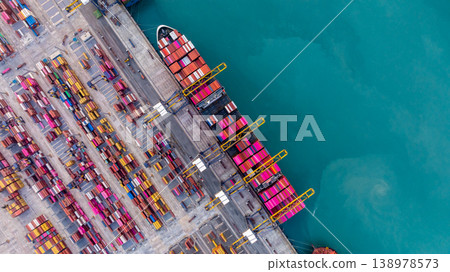 Aerial view Container cargo ship loading unloading container import export sea port, Global trade business container cargo ship freight shipping commercial trade logistic transportation international. 138978573
