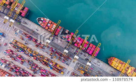Aerial view Container cargo ship loading unloading container import export sea port, Global trade business container cargo ship freight shipping commercial trade logistic transportation international. Aerial view Container cargo ship loading unloading container import export sea port, Global trade business container cargo ship freight shipping commercial trade logistic transportation international. 138978574