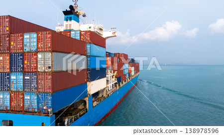 Aerial view container ship carrier container on sea, Global business logistics and Global trade transportation by container ship, Container ship freight shipping import export logistics supply chain. Aerial view container ship carrier container on sea, Global business logistics and Global trade transportation by container ship, Container ship freight shipping import export logistics supply chain. 138978596