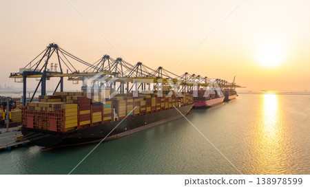 Aerial view Container cargo ship loading unloading container import export sea port, Global trade business container cargo ship freight shipping commercial trade logistic transportation international. 138978599