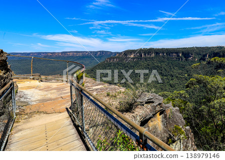 Scenic view of Grose Valley from Sublime Point in the Blue Mountains, New South Wales, Australia. The landscape features dramatic sandstone cliffs, deep forested valley Scenic view of Grose Valley from Sublime Point in the Blue Mountains, New South Wales, Australia. The landscape features dramatic sandstone cliffs, deep forested valley 138979146