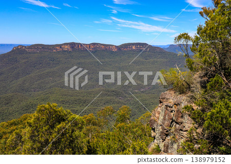 Scenic view of Grose Valley from Sublime Point in the Blue Mountains, New South Wales, Australia. The landscape features dramatic sandstone cliffs, deep forested valley 138979152
