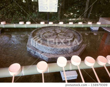 A chozuya (purification station) with rows of ladles 138979309