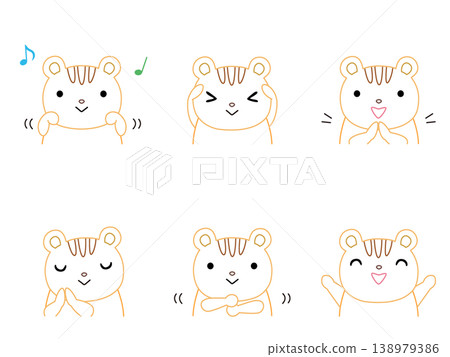 A set of illustrations of squirrels playing with their hands (color line art). 138979386