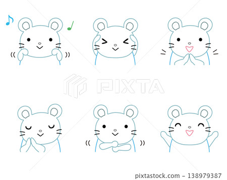 A set of illustrations of mice playing with their hands (color line art). A set of illustrations of mice playing with their hands (color line art). 138979387