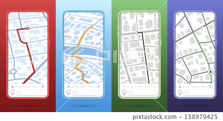 GPS city map app concept. Smartphone navigation application for travel with location mark, pointer, on screen. Search Location service design. Navigation Vector illustration for web, advert, banner 138979425
