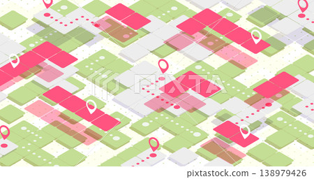 Abstract isometric navigation concept on a background of squares. Squares as symbol of roads. Location signs on squares. Vector illustration 138979426