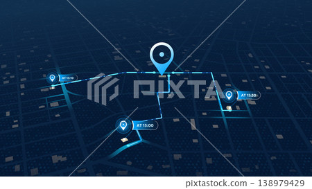 Futuristic city map with GPS navigation route, multiple location markers, arrival times. Urban landscape with paths and destination pins. Vector illustration for navigation tracking Futuristic city map with GPS navigation route, multiple location markers, arrival times. Urban landscape with paths and destination pins. Vector illustration for navigation tracking 138979429