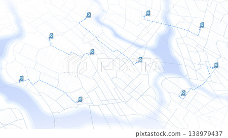 GPS navigation routes with multiple location markers on city map. Abstract urban paths, and destination highlighted POIs. Detailed vector illustration navigation concepts 138979437