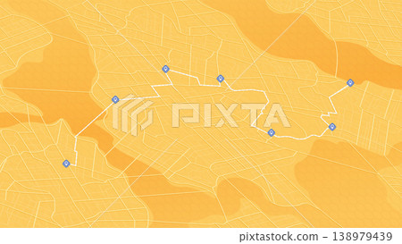 GPS navigation system displaying multiple markers and pins along designated route. Abstract urban plan POI with city streets. Vector illustration travel path for travel. GPS navigation system displaying multiple markers and pins along designated route. Abstract urban plan POI with city streets. Vector illustration travel path for travel. 138979439