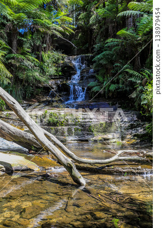 Leura Cascades in the Blue Mountains, New South Wales, Australia. The natural waterfall flows over layered sandstone rocks surrounded by forest vegetation Leura Cascades in the Blue Mountains, New South Wales, Australia. The natural waterfall flows over layered sandstone rocks surrounded by forest vegetation 138979454