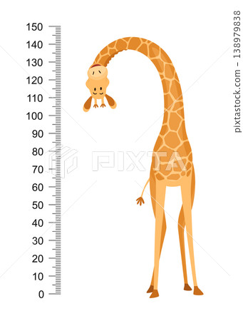 Funny giraffe. Cheerful funny giraffe with long neck. Giraffe meter wall or height chart or wall sticker. Illustration with scale from 0 to 150 centimeter to measure growth Funny giraffe. Cheerful funny giraffe with long neck. Giraffe meter wall or height chart or wall sticker. Illustration with scale from 0 to 150 centimeter to measure growth 138979838