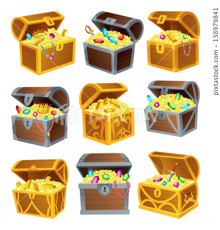 Treasure gold coins. Old sack full of shiny royal gold and gemstones. Chest full of gold treasure, shiny savings. Pot with gold, cauldron with golden coins isolated on white background. Vector icons Treasure gold coins. Old sack full of shiny royal gold and gemstones. Chest full of gold treasure, shiny savings. Pot with gold, cauldron with golden coins isolated on white background. Vector icons 138979841