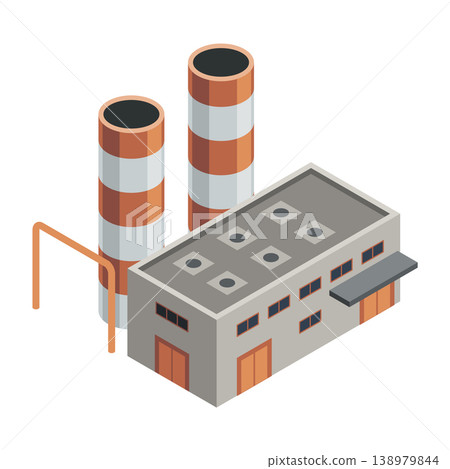 Isometric factory. Concept of industrial plant with chimney tower or pipes. Industrial bulding. 3d isolated icon. Architecture of manufacture house 138979844