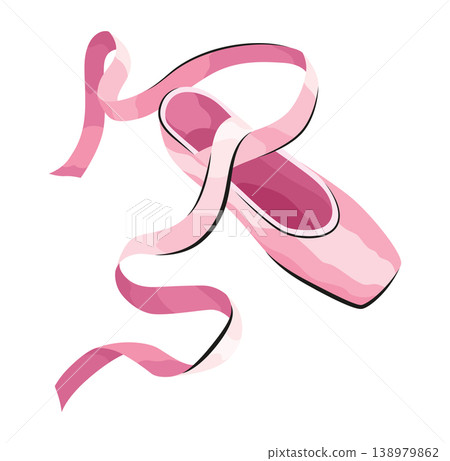 Ballet accessorie. Pink pair of pointe-shoes with satin or silk ribbon. Vector hand drawn sketch style object 138979862