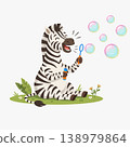 Vector illustration of a funny zebra with bubbles. Flat design animal character for kids, isolated on white background. Playful wild safari animal mascot for education and fun 138979864