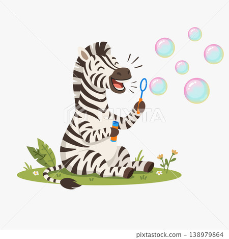 Vector illustration of a funny zebra with bubbles. Flat design animal character for kids, isolated on white background. Playful wild safari animal mascot for education and fun 138979864