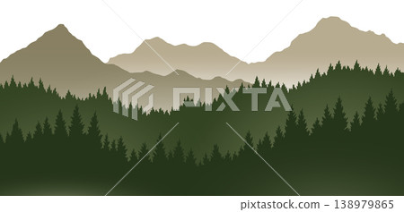 Foggy mountains landscape background. Smoky and rocky panorama with mountains skyline and pine tree forest silhouettes. Scenery with slopes, vector cartoon illustration Foggy mountains landscape background. Smoky and rocky panorama with mountains skyline and pine tree forest silhouettes. Scenery with slopes, vector cartoon illustration 138979865