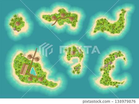 Top view islands with volcano. View from a height on a tropical island in the ocean. Vector cartoon tropical paradise sea island shore. Good sunny day Top view islands with volcano. View from a height on a tropical island in the ocean. Vector cartoon tropical paradise sea island shore. Good sunny day 138979876
