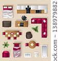Interior furniture collection top view. Elements for living room, bedroom, kitchen, bathroom. Floor plan, view from above. Furniture store. Icons set of interior. Isolated vector illustration 138979882