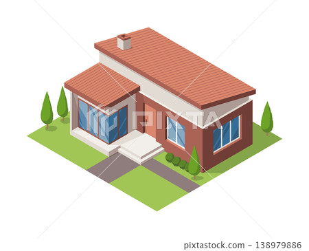 Isometric cottage icon. Suburb house composition with lawn vector illustration. Infographic element representing suburban building. Private house enterprises of real estate Isometric cottage icon. Suburb house composition with lawn vector illustration. Infographic element representing suburban building. Private house enterprises of real estate 138979886