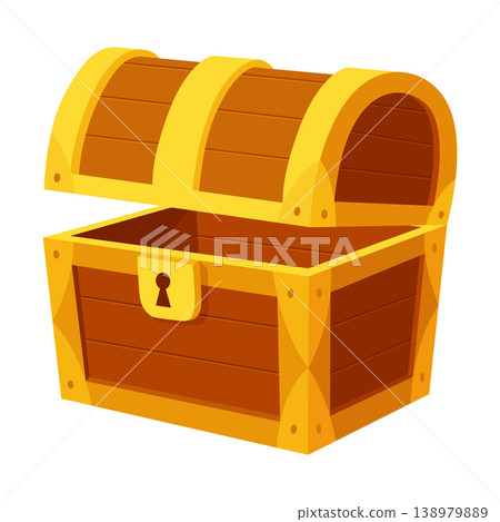 Chest. Game wooden antique box. Empty old wooden chest for gold treasure. Cartoon ancient container for pirates isolated vector icon on white 138979889
