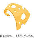 Yellow Swiss cheese wedge with holes, bright cartoon style on white background, curved slice casting soft shadow, playful minimal composition for snack branding and culinary design 138979890