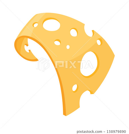Yellow Swiss cheese wedge with holes, bright cartoon style on white background, curved slice casting soft shadow, playful minimal composition for snack branding and culinary design 138979890