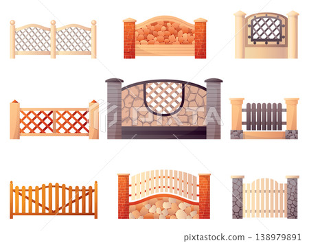 Vivid garden fencing. Brightly painted garden boundary barriers design. Illustration showcasing array of vibrant fence panels with diverse textures and styles in garden setting 138979891