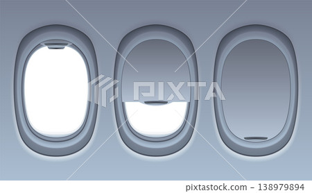 Modern aircraft interior featuring oval window frames. Quiet airplane interior showcasing rounded window openings with subtle lighting and sleek modern furnishings Modern aircraft interior featuring oval window frames. Quiet airplane interior showcasing rounded window openings with subtle lighting and sleek modern furnishings 138979894