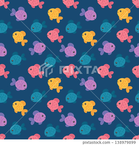 Cute Colorful Fish Seamless Pattern. Flat Fish Underwater Background Cute Colorful Fish Seamless Pattern. Flat Fish Underwater Background 138979899