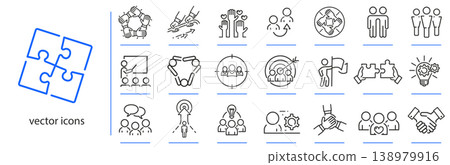 collaboration business people icons, meeting people business group icon set, human resource support simple symbols, line vector illustration 138979916