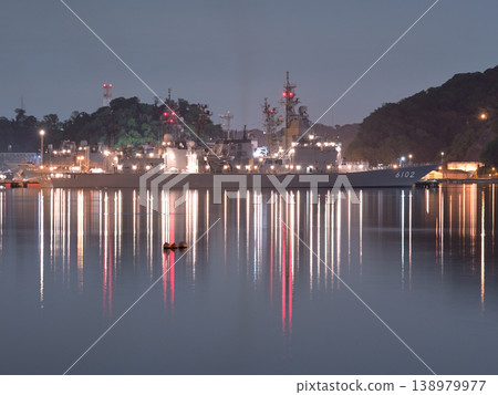 The Japan Maritime Self-Defense Force test ship "Asuka" (ASE-6102) quietly moored at the Yoshikura Pier in Yokosuka at night. 138979977