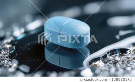 Blue Medical Tablet on Reflective Surface 138980173