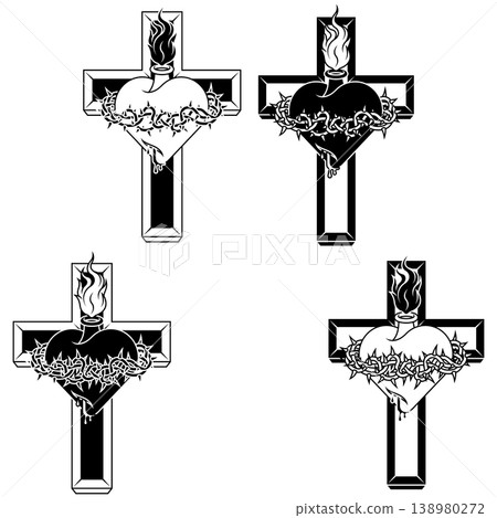 Sacred Heart Outline and Metal Cross Sacred Heart Outline and Metal Cross 138980272