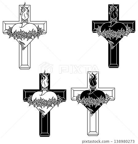Sacred Heart and Cross Linear Black Sacred Heart and Cross Linear Black 138980273