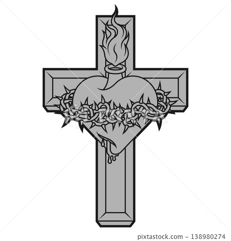 Sacred Heart and Cross Gray Thick Sacred Heart and Cross Gray Thick 138980274