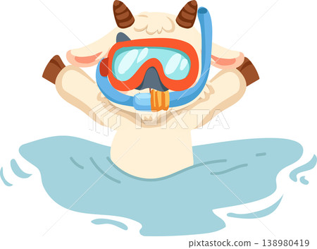 cute goat wearing snorkel mask swimming in water playful animal cartoon summer holiday design cute goat wearing snorkel mask swimming in water playful animal cartoon summer holiday design 138980419