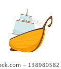 Yachts, sailboat or sailing ship. Cruise travel company icon design. Stylized cartoon pirate ship. Vector old vessels 138980582