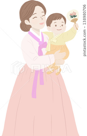 A loving mother in traditional Korean hanbok holding her smiling child, who carries a small decorative fan 138980706