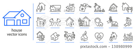 country house icons, icon set of private home, housewarming, location, suburb, moving, simple symbols, buying or renting a home, linear vector illustration, outline editable stroke 138980999